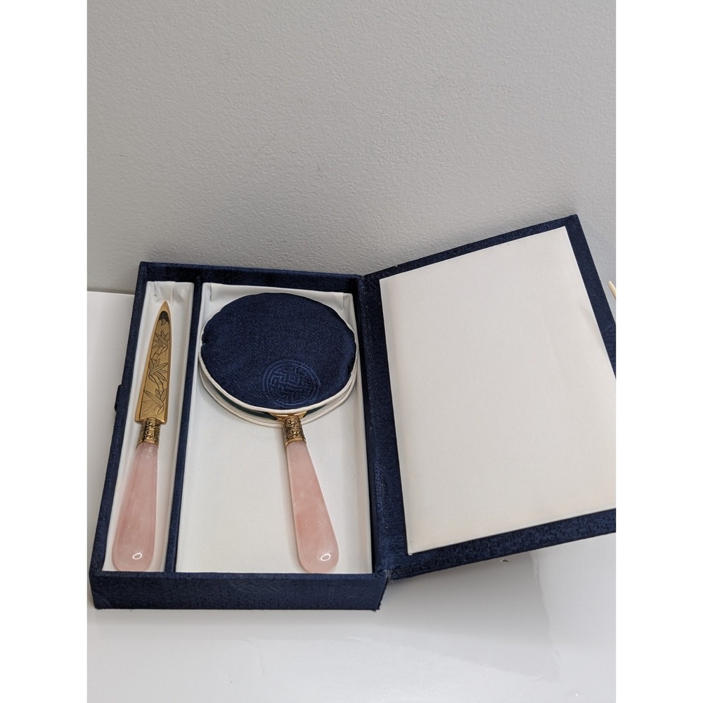 Vintage - Rose Quartz & Brass Desk Set - Magnifying Glass - Letter Opener